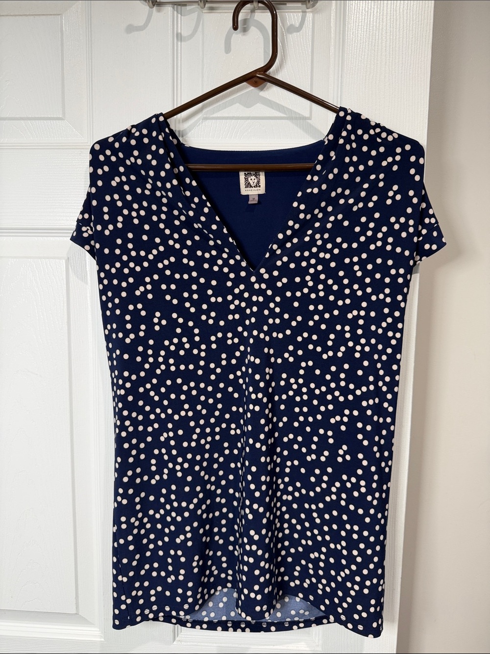Anne Klein Navy Blue Polka Dot Short Sleeve Blouse